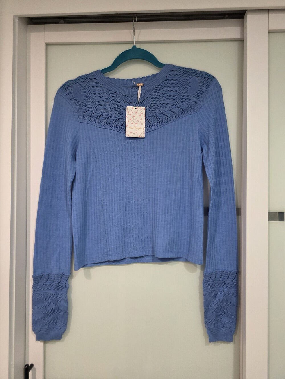 Free People Colette Blue Pointelle Ribbed Knit Sweater XS NWT - Picture 4 of 16